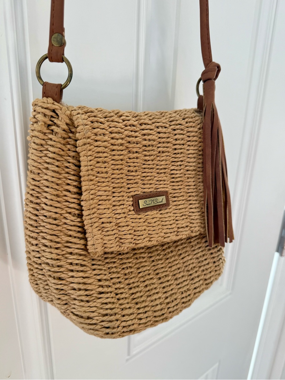 Tan Woven Crossbody Bag with Tassel